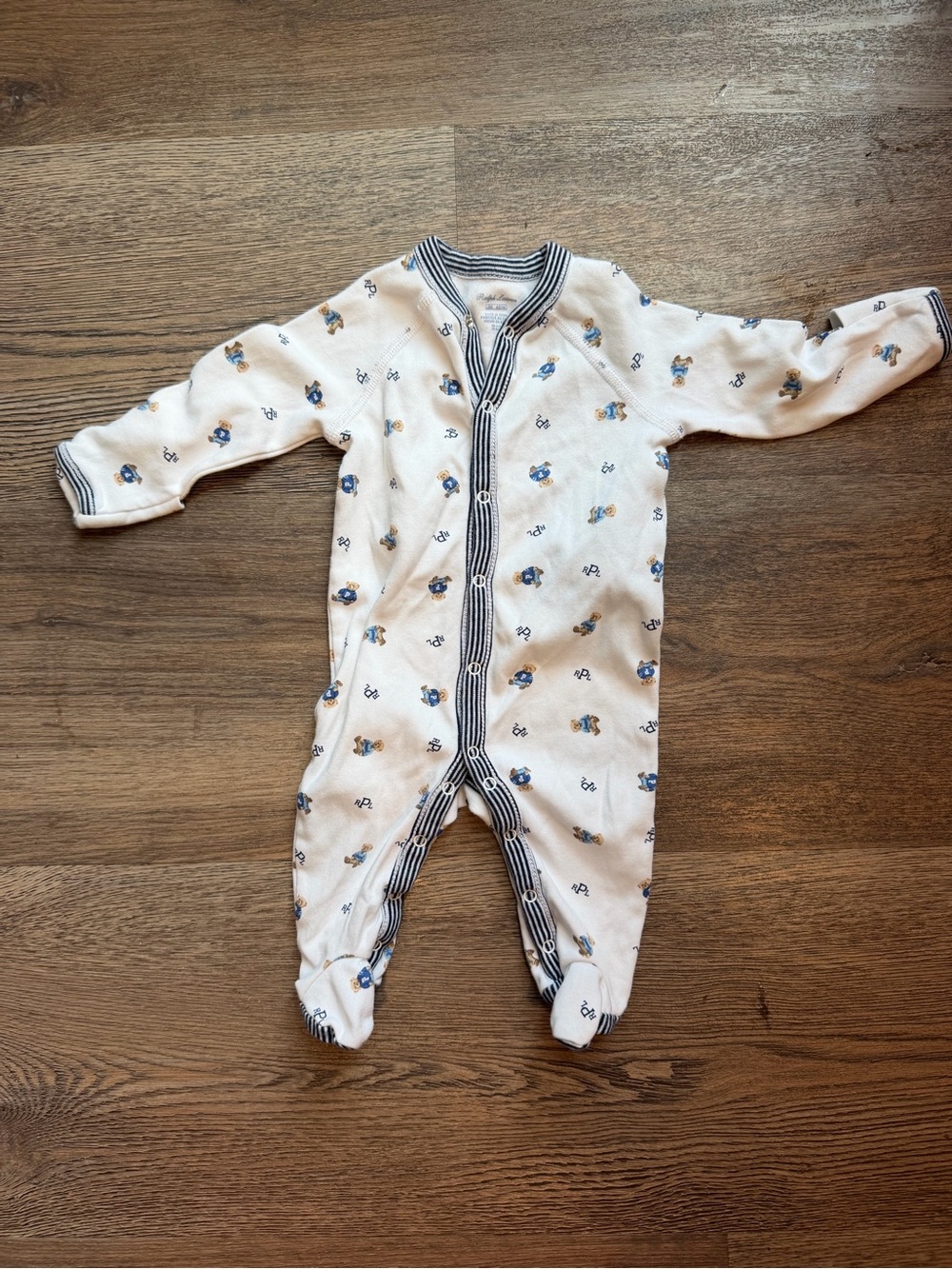 Ralph Lauren Cream Footie One-Piece with Navy Trim and Blue Print